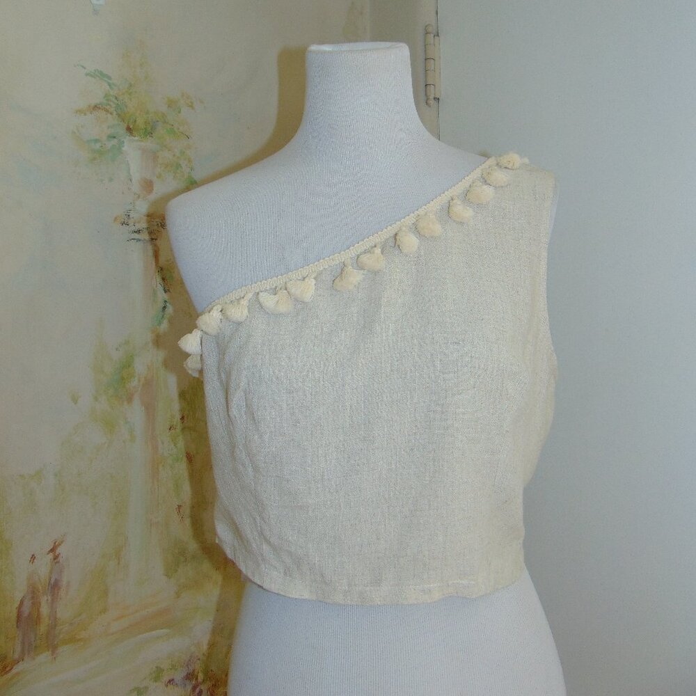 Lulus Line In The Sand Beige One-Shoulder Tassel Crop Top Linen Blend Womens L